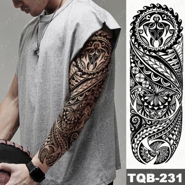 18655 Velke arm tattoo rukav geometrie kmena nepremokave thumb Vodeodolné dočasné tetovačky pre ženy Dočasné tetovanie Waterproof Tattoo Body Tribal Turtle Ornament Art Arm Fake Tattoo Men Women